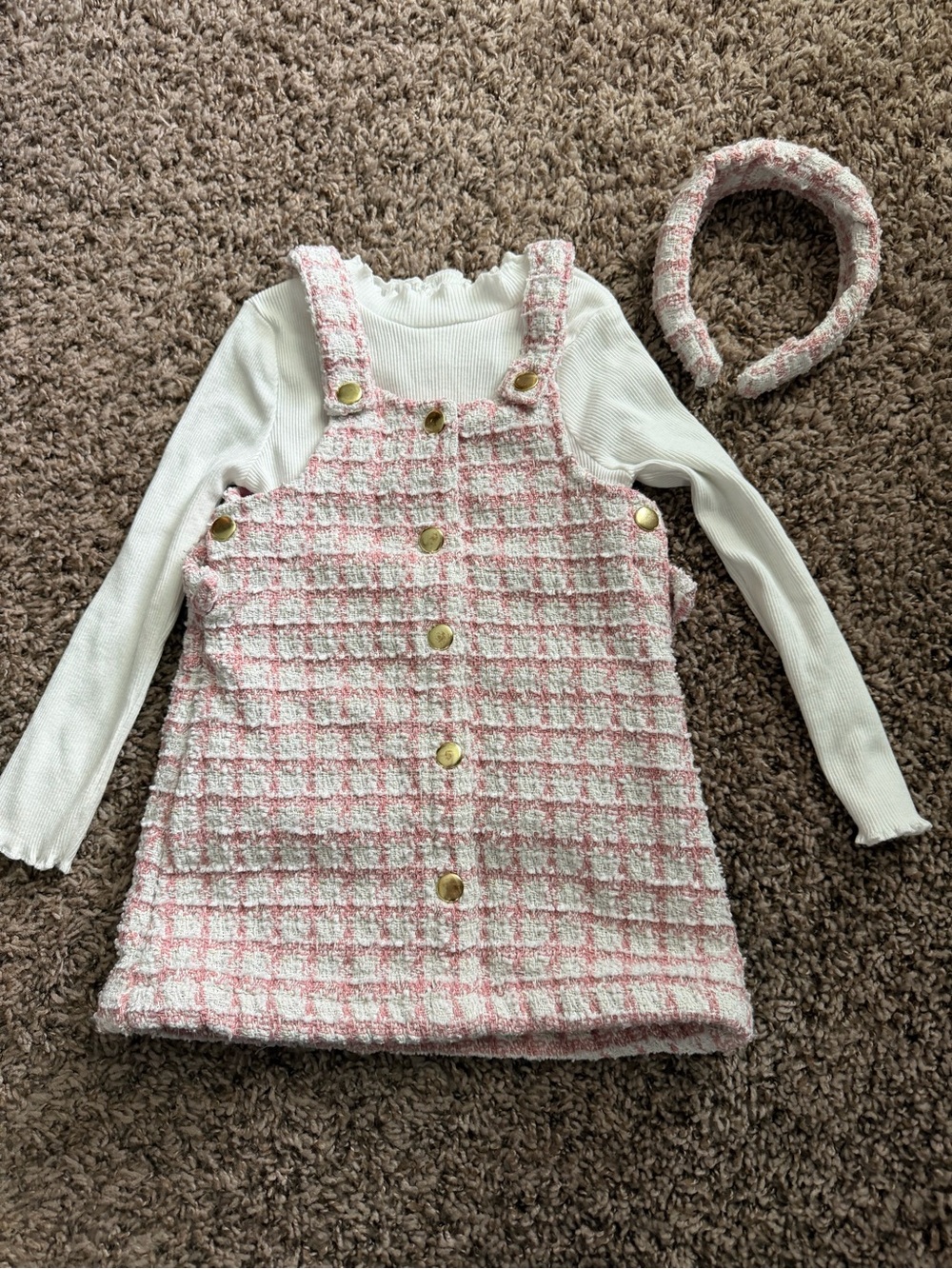 Little Lass 3pc Toddler Set - Pink Tweed Jumper, Ribbed Top & Headband 4T